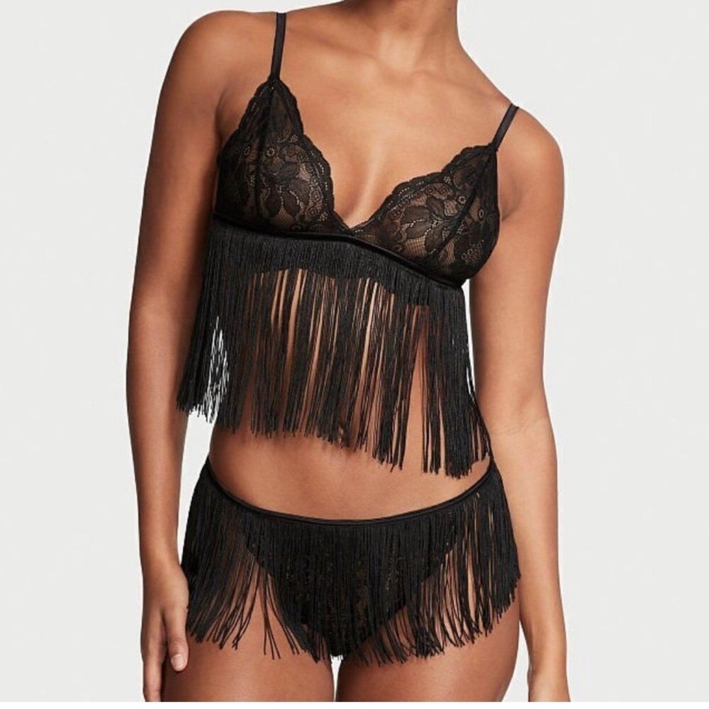 Victoria's Secret Black‎ Fringe Crop Cami bralette & panty Set Size L large